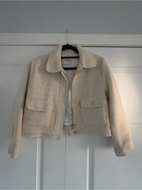 Sandro Ivory Tweed Cropped Blazer with Gold Detail - Size 36 - LIKE NEW